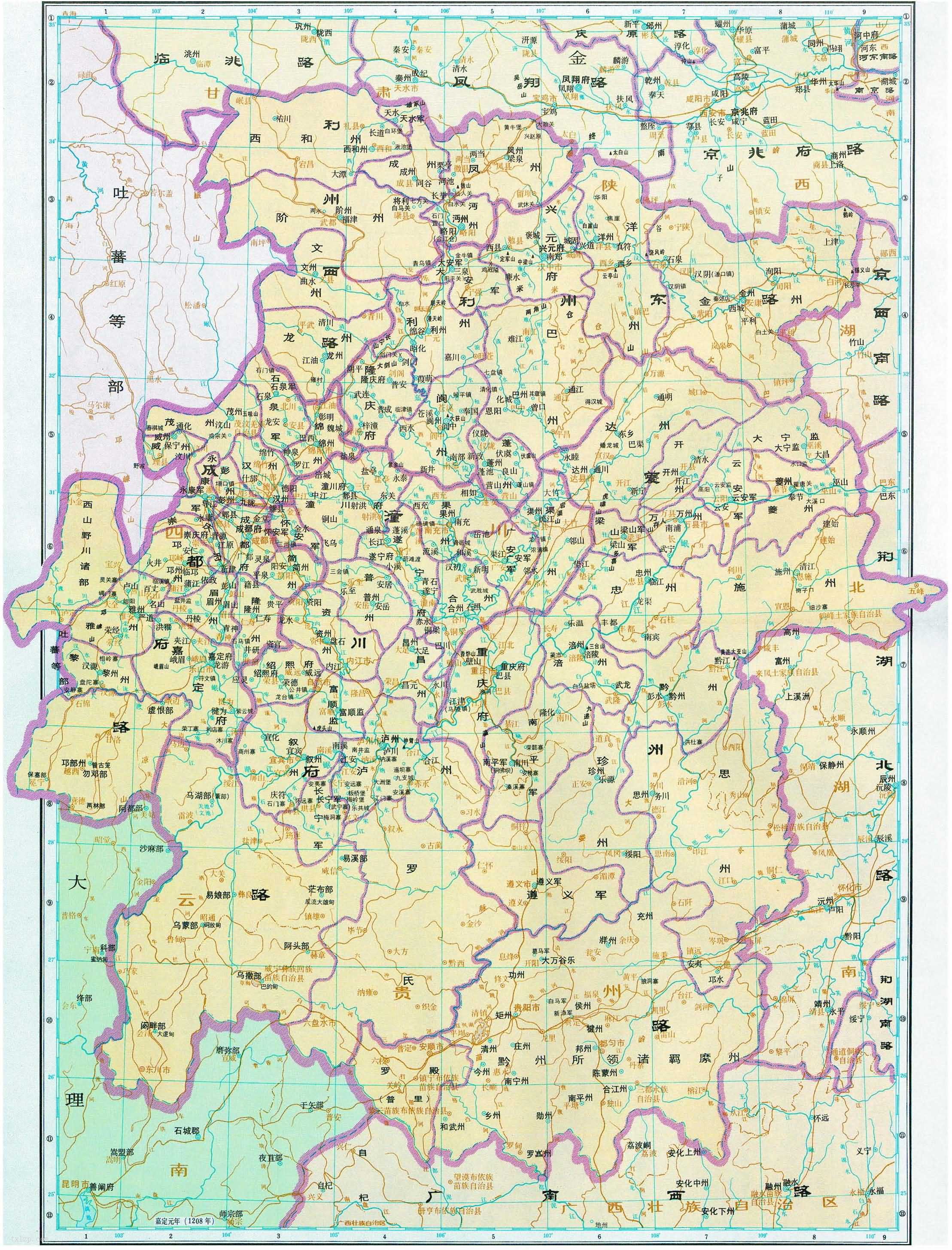 南宋 成都府路 潼川府路 夔州路 利州东路 利州西路地图插图 南宋时期 成都府路 潼川府路 夔州路 利州东路 利州西路历史地图全图高清版