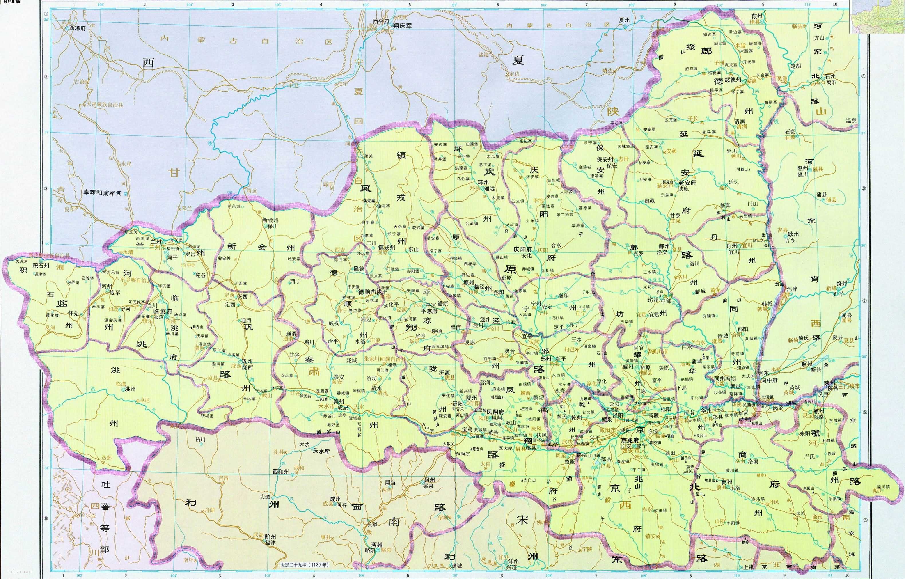 金朝 京兆府路 凤翔路 鄜延路 庆原路 临洮路地图插图 宋金时期 京兆府路 凤翔路 鄜延路 庆原路 临洮路地图全图高清版
